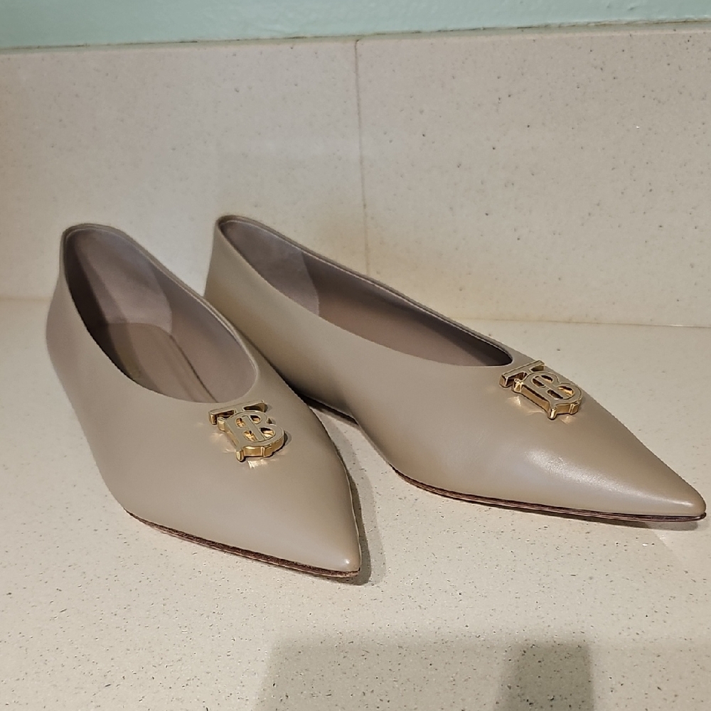 Burberry Beige Flats with Gold Logo Accent